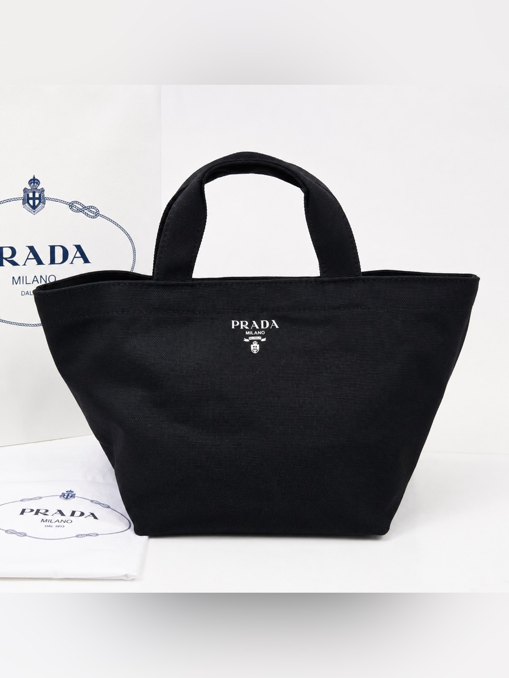 Prada Black Canvas Mini Tote with White Logo